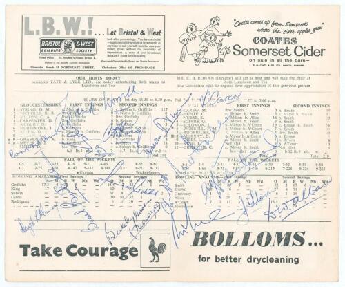 West Indies tour to England 1963. Gloucestershire v West Indians, Bristol 4th- 7th May 1963. Official folding scorecard with complete printed scores. Signed in ink to the centre scorecard by sixteen members of the West Indies touring party. Signatures are