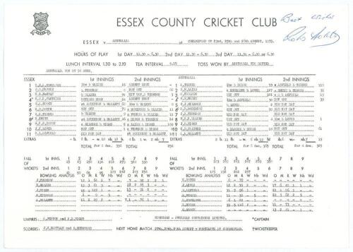 Australian tour to England 1975. Robin Nicholas Stuart Hobbs. Essex, Glamorgan & England, 1961-81. Official Essex C.C.C. single sided scorecard with complete printed scores for the tour match Essex v Australians played at Chelmsford, 23rd- 26th August 197