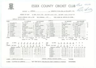 Australian tour to England 1975. Robin Nicholas Stuart Hobbs. Essex, Glamorgan & England, 1961-81. Official Essex C.C.C. single sided scorecard with complete printed scores for the tour match Essex v Australians played at Chelmsford, 23rd- 26th August 197