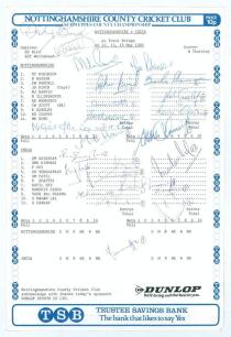 Nottinghamshire v India 1982. Official scorecard for the tour match played at Trent Bridge on the 12th-14th May 1982. Appears to be a pre match copy, with no printed or handwritten details. Signed by both teams and the two umpires, Bird and Whitehead. Sig
