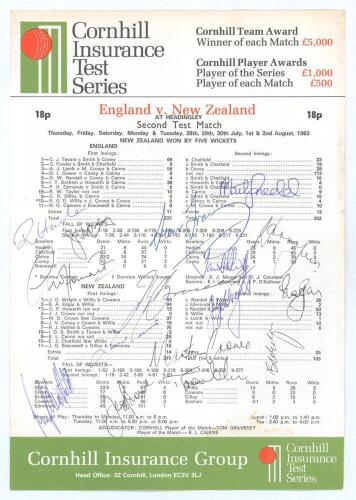 England v New Zealand 1983. New Zealand&rsquo;s first Test victory in England. Official scorecard for the 2nd Test, Headingley 28th July- 2nd August 1983 with complete printed scores. Signed in ink by fourteen members of the New Zealand touring party. Signature
