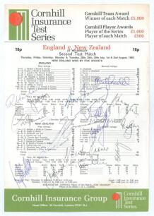 England v New Zealand 1983. New Zealand&rsquo;s first Test victory in England. Official scorecard for the 2nd Test, Headingley 28th July- 2nd August 1983 with complete printed scores. Signed in ink by fourteen members of the New Zealand touring party. Signature