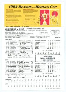 Sachin Tendulkar. Bombay/ Mumbai, Yorkshire & India 1988-2014. Official scorecard for the Yorkshire v Kent, Benson & Hedges Cup match played at Headingley on the 30th April 1992. This was Tendulkar&rsquo;s first game for Yorkshire having signed as their first e