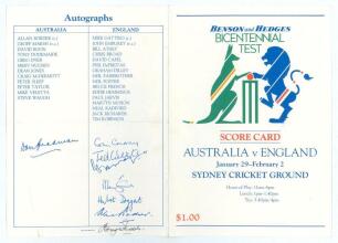 Bicentennial Test. Australia v England 1988. Official folding scorecard for the match played at Sydney Cricket Ground, 29th January- 2nd February 1988. Blank scorecard to centre pages. Signed in ink to the rear &lsquo;Autographs&rsquo; page by eight former Test playe