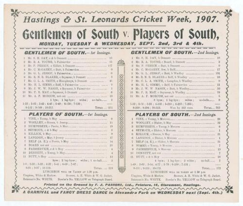 &lsquo;Hastings & St. Leonards Cricket Week, 1907. Gentlemen of South v. Players of South&rsquo;. Jessop second fastest century. Early original double sided folded scorecard with complete printed scores for the match played at the Central Recreation Ground, Hastings,