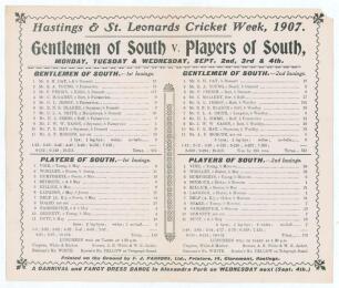 &lsquo;Hastings & St. Leonards Cricket Week, 1907. Gentlemen of South v. Players of South&rsquo;. Jessop second fastest century. Early original double sided folded scorecard with complete printed scores for the match played at the Central Recreation Ground, Hastings,