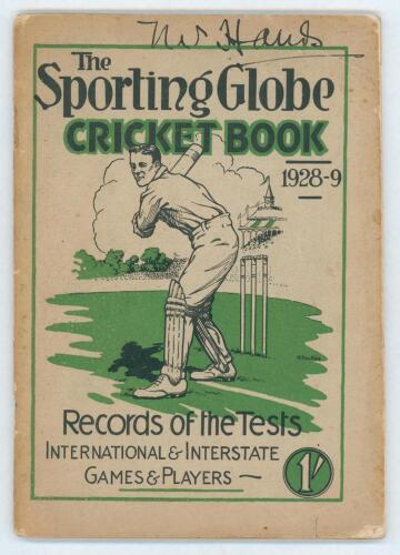 M.C.C. tour of Australia 1928/29. &lsquo;The Sporting Globe Cricket Book 1928/29. A book of averages and records&rsquo;. Compiled by E.H.M. Baillie (Bail). Melbourne 1929. Original pictorial wrappers. Some soiling and age toning to wrappers, handwritten name of owner
