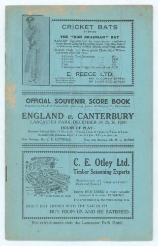 M.C.C. tour of Australia and New Zealand 1928/29. &lsquo;England v Canterbury, Lancaster Park 24th-26th December 1929&rsquo;. Official Souvenir Score book published by Sage & Wallace of Christchurch. 8pp and blue card covers. The book was designed to give spectators
