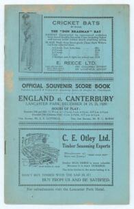 M.C.C. tour of Australia and New Zealand 1928/29. &lsquo;England v Canterbury, Lancaster Park 24th-26th December 1929&rsquo;. Official Souvenir Score book published by Sage & Wallace of Christchurch. 8pp and blue card covers. The book was designed to give spectators