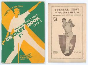 M.C.C. tour of Australia 1932/33. The Bodyline tour&rsquo;. Two brochures produced for the tour. &lsquo;Special Test Souvenir- with careers of players to beginning of 1932/33 season&rsquo;. Sixteen page brochure with pen pictures, biographies, scoresheet, records etc issue