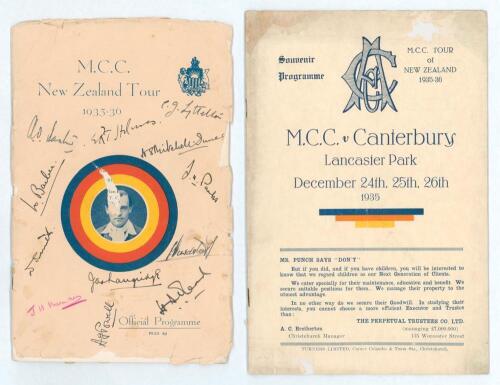 M.C.C. tour of New Zealand 1935/36. Official tour programme with decorative wrappers in M.C.C. colours with picture of England Captain E.R.T. Holmes to centre and title above. The programme covering the M.C.C. v Wellington match played at the Basin Reserv