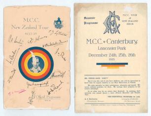 M.C.C. tour of New Zealand 1935/36. Official tour programme with decorative wrappers in M.C.C. colours with picture of England Captain E.R.T. Holmes to centre and title above. The programme covering the M.C.C. v Wellington match played at the Basin Reserv