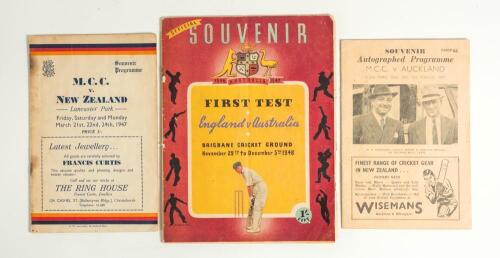 M.C.C. tour of Australia and New Zealand 1946/47. Official souvenir programmes for the first Test match, England v Australia, played on the 29th-5th December 1946 in Brisbane, the only Test match played in New Zealand at Lancaster Park on the 21st-24th Ma