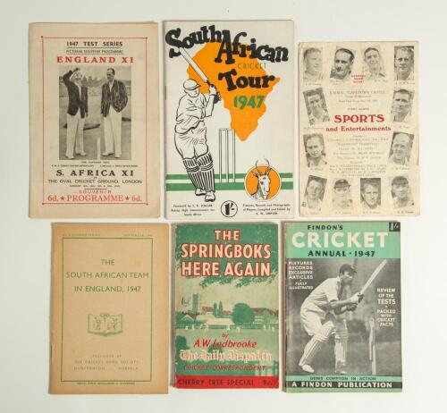 South Africa tour of England 1947. Six various brochures and programmes from the tour. Official souvenir brochure for the &lsquo;South African tour of England&rsquo;. Edited by A.W. Simpson, &lsquo;Findon&rsquo; Cricket Annual 1947&rsquo;, &lsquo;The Springboks Here Again&rsquo; Ledbroke, Souveni