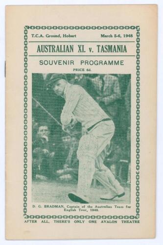 Australian tour of England 1948. &lsquo;Australian XI v Tasmania 1948&rsquo;. Official programme for the match played at Hobart on the 5th & 6th March 1948. The programme lists the England tour itinerary, fixtures in England, scorecard for the game and details and pe