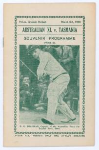 Australian tour of England 1948. &lsquo;Australian XI v Tasmania 1948&rsquo;. Official programme for the match played at Hobart on the 5th & 6th March 1948. The programme lists the England tour itinerary, fixtures in England, scorecard for the game and details and pe