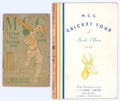 South African tour booklets. Two booklets, one issued for the M.C.C. tour of South Africa 1948/49 by the United Tobacco Co. Cape Town 1948. 32pp. Very small pre tour booklet comprising pen pictures, map, fixtures etc with original decorative colour paper 