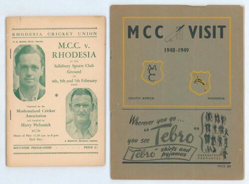 M.C.C. tour of South Africa & Rhodesia 1948-1949. Souvenir of the M.C.C. tour of South Africa & Rhodesia 1948/49&rsquo;, published by Donaldsons Publication of Johannesburg. Sold with an official programme for the Rhodesia v M.C.C. played at the Salisbury Sport