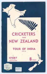 &lsquo;Cricketers from New Zealand. Tour of India 1955-56&rsquo;. Sport & Pastime Publication. Pen pictures, biographies, fixtures etc. Rarer tour brochure, name &lsquo;Don Neely&rsquo; to first advertising page suggesting this was his copy. Good condition