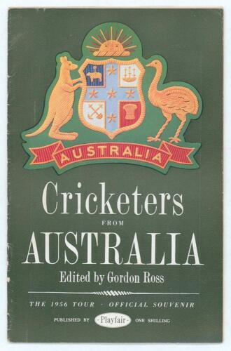 Australian tour to England 1956. &lsquo;Cricketers from Australia&rsquo;. Official souvenir tour brochure edited by Gordon Ross, published by Playfair. Signed in ink to the pen pictures by thirteen members of the Australian touring party. Signatures are Johnson (Capt