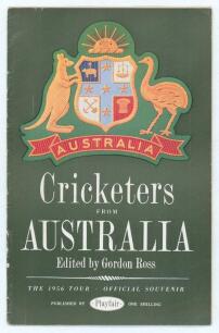 Australian tour to England 1956. &lsquo;Cricketers from Australia&rsquo;. Official souvenir tour brochure edited by Gordon Ross, published by Playfair. Signed in ink to the pen pictures by thirteen members of the Australian touring party. Signatures are Johnson (Capt