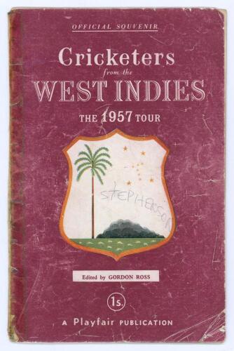 West Indies 1957. Official souvenir Playfair brochure for the West Indies tour of England. Edited by Gordon Ross. Pictorial covers. Signed in ink to pen pictures by all seventeen members of the West Indies touring team plus the two Managers Pierce and De 