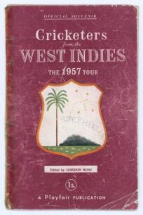 West Indies 1957. Official souvenir Playfair brochure for the West Indies tour of England. Edited by Gordon Ross. Pictorial covers. Signed in ink to pen pictures by all seventeen members of the West Indies touring team plus the two Managers Pierce and De 