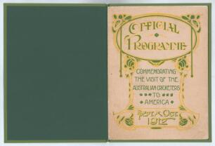 &lsquo;Official Programme commemorating the Visit of the Australian Cricketers to America, Sept & Oct 1912&rsquo;. 16pp official pre tour brochure with front cover printing in yellow and green, tipped in to modern green cloth, gilt title to spine. Comprises details o