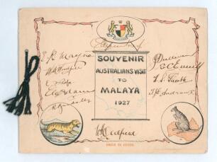 Australian tour of Malaya 1927 &lsquo;W.A. Oldfield&rsquo;s XI&rsquo;. Rare official large souvenir brochure &lsquo;Australians Visit to Malaya 1927&rsquo;. 56pp with colour pictorial covers featuring the emblem of Malaya and illustrations of a tiger and kangaroo, with printed title t