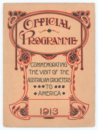 &lsquo;Official Programme commemorating the Visit of the Australian Cricketers to America 1913&rsquo;. 8pp official pre-tour brochure with front cover printing in red and black, containing details of the thirty matches to be played in the USA, Bermuda and Canada from