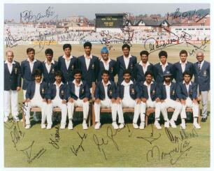 India tour to England 1990. Sachin Tendulkar&rsquo;s first overseas tour. Official colour photograph of the Indian touring party seated and standing in rows wearing tour blazers. The photograph signed in ink by eighteen members of the touring party. Players&rsquo; si