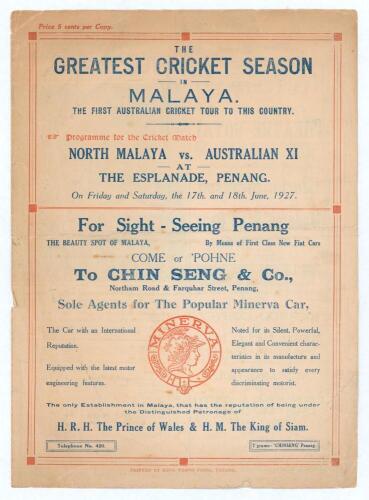 Australian tour of Malaya 1927 &lsquo;W.A. Oldfield&rsquo;s XI&rsquo;. Large official four page folding programme for the North Malaya v Australian XI match played at The Esplanade, Penang on 17th and 18th June 1927. Printed in blue and red, title to front &lsquo;The Greatest Cr