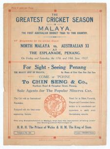 Australian tour of Malaya 1927 &lsquo;W.A. Oldfield&rsquo;s XI&rsquo;. Large official four page folding programme for the North Malaya v Australian XI match played at The Esplanade, Penang on 17th and 18th June 1927. Printed in blue and red, title to front &lsquo;The Greatest Cr