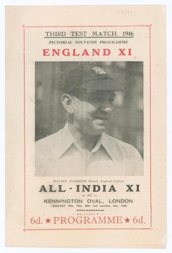 England v All-India 1946. &lsquo;Pirate&rsquo; four page &lsquo;Pictorial Souvenir Programme&rsquo; for the third Test, Kennington Oval 17th- 21st August 1946. Printed by G.P. Abbott for Programme Publications, London. Light creasing, otherwise in good condition.