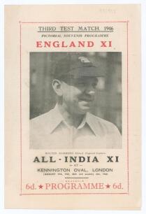 England v All-India 1946. &lsquo;Pirate&rsquo; four page &lsquo;Pictorial Souvenir Programme&rsquo; for the third Test, Kennington Oval 17th- 21st August 1946. Printed by G.P. Abbott for Programme Publications, London. Light creasing, otherwise in good condition.