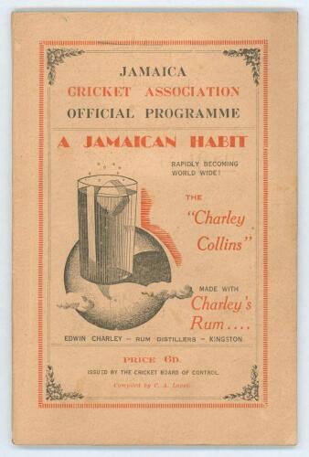 Yorkshire C.C.C. tour to Jamaica 1935/36. &lsquo;Jamaica Cricket Association Official Programme&rsquo; compiled by C.A. Lopez and issued by the Jamaica Cricket Board of Control. 88pp pre-tour booklet comprising tour itinerary, player profiles, three blank fold-out sc