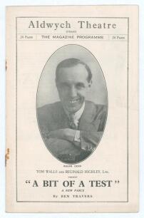 &lsquo;A Bit of a Test&rsquo;. Ben Travis 1933. Official theatre programme for the production staged at the Aldwych Theatre, dated 20th March 1933. The play was the final production in a series of twelve &lsquo;Aldwych farces&rsquo; and was a take on the controversial &lsquo;Bodyline&rsquo;