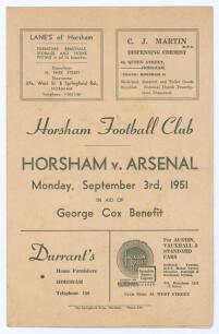 Horsham v Arsenal 1951. Official football programme for the friendly match played at Horsham on the 3rd September 1951. The match was played on behalf of cricketer George Cox in his Benefit Year. Four page folding programme with titles to front cover. The