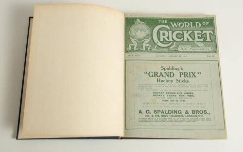 &lsquo;The World of Cricket&rsquo;. 1914. Edited by A.C. MacLaren. Volume I nos. 1-23 (31st January- 14th November 1914). Complete run of twenty three issues of the magazine. Illustrated. Bound in blue cloth with leather/ gilt title label to spine, red speckled page 