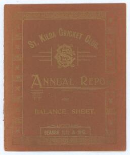 &lsquo;St. Kilda Cricket Club. Annual Report and Balance Sheet. Season 1912 & 1913&rsquo;. Official 16pp printed report in original decorative brown paper wrappers with titles printed in gold to front. Padwick 3572. Rear wrapper torn, wear to spine, rusting to staple