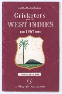 West Indies tour of England 1957. &lsquo;Cricketers from the West Indies&rsquo;. Official Playfair tour guide edited by Gordon Ross. Signed in different coloured inks to pen pictures by twelve players. Signatures are Hall, Sobers, Weekes, Kanhai, Walcott, Dewdney, Wo