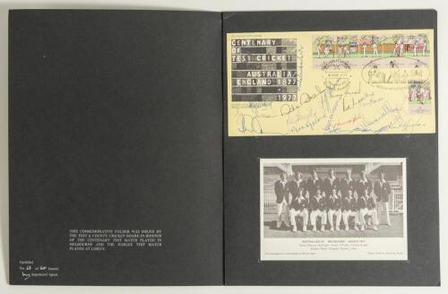 &lsquo;The Centenary and Jubilee Pair&rsquo;. Official black folder issued by the T.C.C.B. comprising two commemorative covers and Stamp Publicity team postcards of the 1877 and 1977 teams, and printed scores for the matches. Limited edition no. 63/500. One cover is 