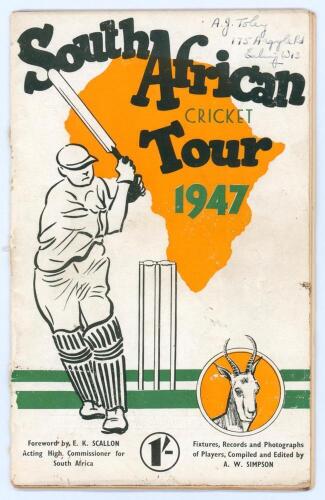 &lsquo;South African Cricket Tour 1947&rsquo;. Official souvenir brochure for the South African tour of England. Edited by A.W. Simpson. Pictorial covers. Signed in ink to inside pen pictures by sixteen members of the South African touring party. Signatures are Melvi
