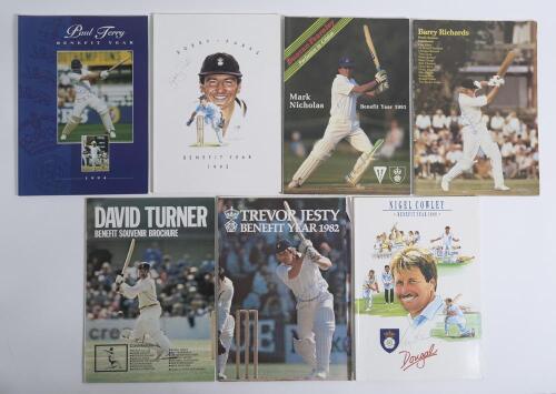 Hampshire Benefit and Testimonial brochures. Twenty Hampshire players&rsquo; brochures of which seven are signed, Barry Richards 1977, David Turner 1981, Trevor Jesty 1982, Nigel Cowley 1988, Mark Nicholas 1991, Bobby Parks 1992, and Paul Terry 1994. Others are