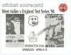 West Indies v England 4th Test 1994. Official scorecard for the Test match played at The Kensington Oval, Barbados on the 8th-13th April 1994. The centre pages scorecard fully completed in blue ink and signed to the borders by both the West Indies, thirte - 2