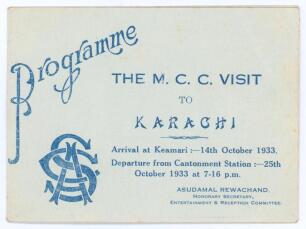 Bryan Herbert Valentine. Kent, Cambridge University & England 1927-1948. M.C.C. tour of India & Ceylon 1933-34&rsquo;. Official &lsquo;Programme of the Visit of the M.C.C. team to Porbandar 5th & 6th December 1933&rsquo;. The 4pp folding card programme with titles in black