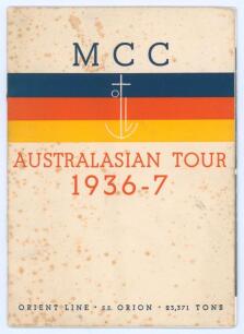 M.C.C. tour of Australia 1936/37. Official Orient Line S.S. Orion official brochure for the M.C.C. Australasian Tour 1936/37. Printed title to front wrapper with M.C.C. colours and Orient Line emblem. Signed in ink to pen pictures by all eighteen members 