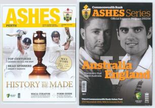The Ashes. Australia v England 2010/11 and 2013/14. Official programme for the 3rd Test, Perth 16th- 20th December 2010 and the 3rd Test, Perth 13th- 17th December 2013. Signed to the player profile pages by twenty eight and twenty nine players respective