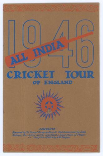 &lsquo;All India Cricket Tour of England 1946&rsquo;. Official souvenir brochure for the Indian tour of England. Edited by A.W. Simpson. Pictorial covers. Fully signed in ink to inside pen profile pictures by all sixteen members of the Indian touring party plus the m
