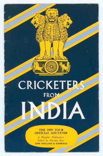 India tour to England 1959. Official Playfair souvenir tour brochure edited by Gordon Ross. Fully signed to the pen pictures by the eighteen featured members of the touring party. Signatures are Gaekwad (Captain), Roy, Apte, Borde, Contractor, Desai, Ghor